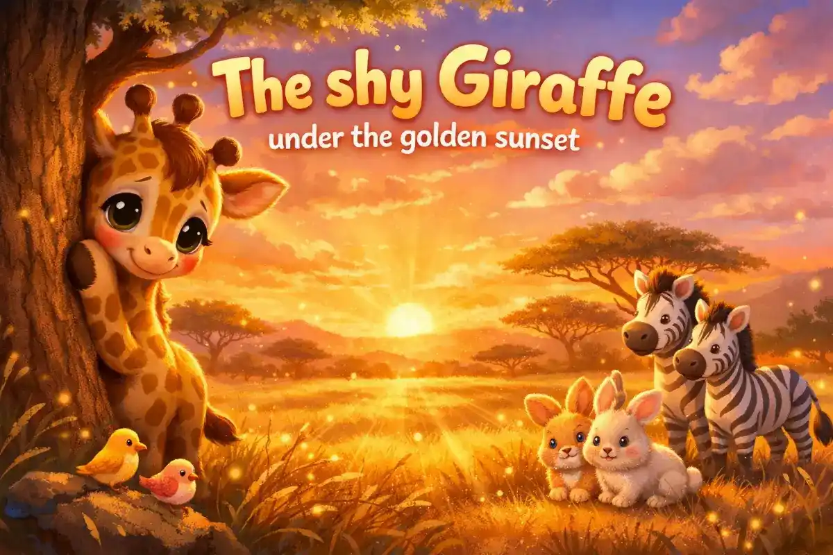 Stories about animals for kids: The shy Giraffe under the golden sunset